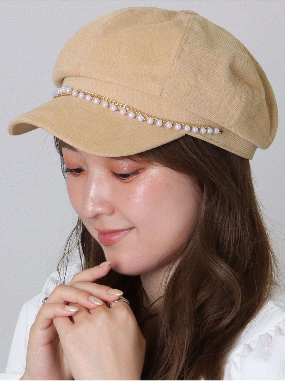 Pearl-Trim Beige Newsboy Cap - Women's Hat